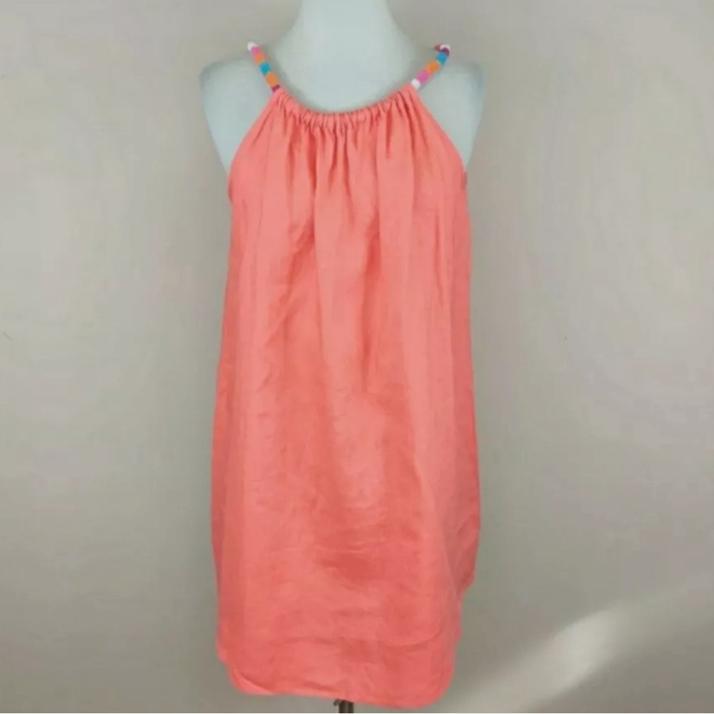 St tropez west 100% linen coral dress beaded halter neck A line size small